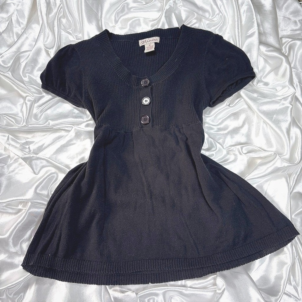 y2k Glimmer Babydoll Top Black Ribbed Knit Puff Sleeve Henley Tunic